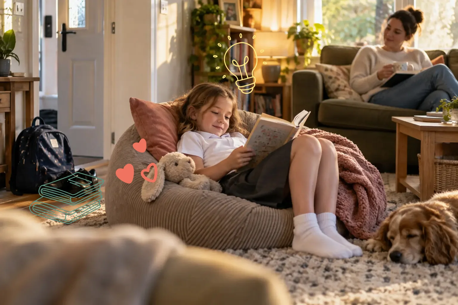 A child relaxing with a book at home after school while a parent sits nearby