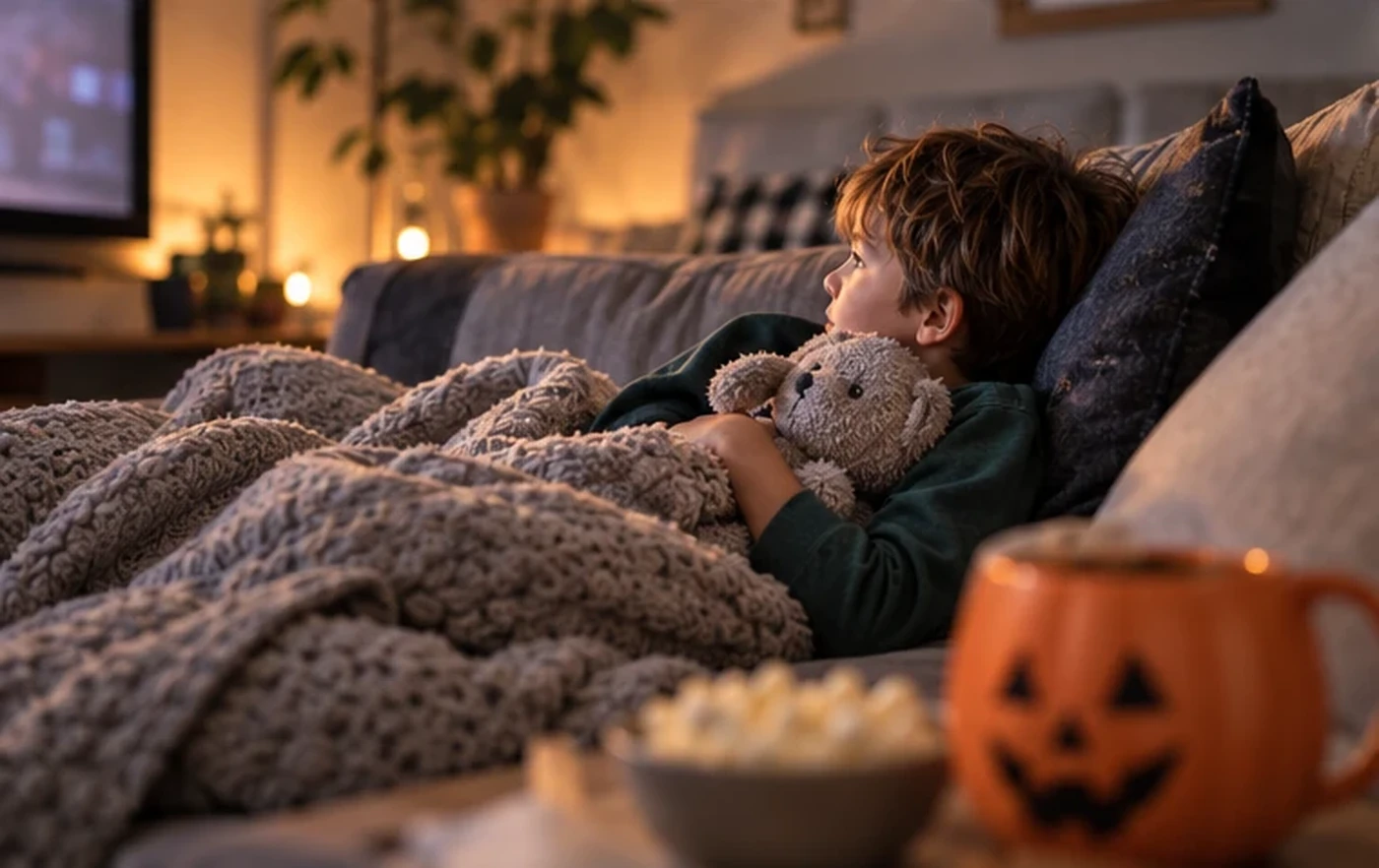 A child relaxing at home under a blanket with a favourite soft toy on Halloween evening