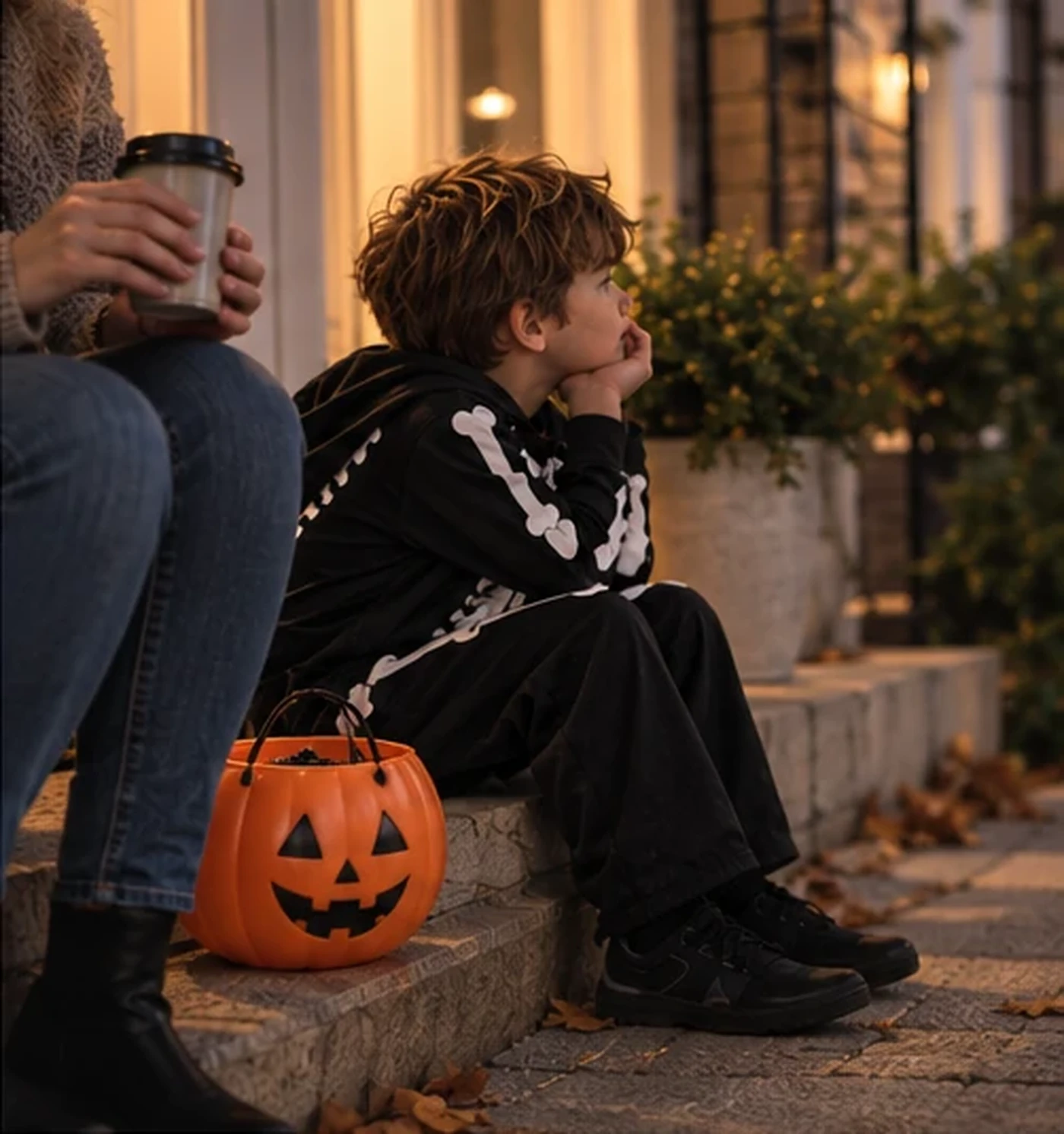 A child taking a quiet break with a parent during trick-or-treating
